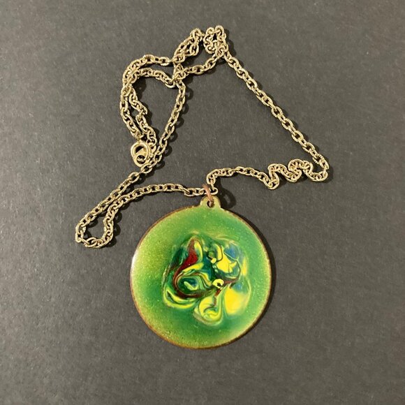 Vintage Green Swirl Enamel On Copper Pendant Necklace With Gold-Tone Chain - Picture 1 of 5